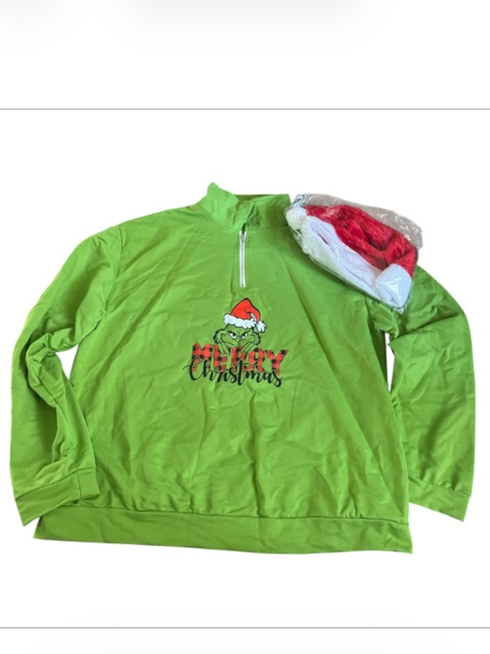 Green Grinch Christmas Pullover Sweatshirt  with Christmas Hat size large
